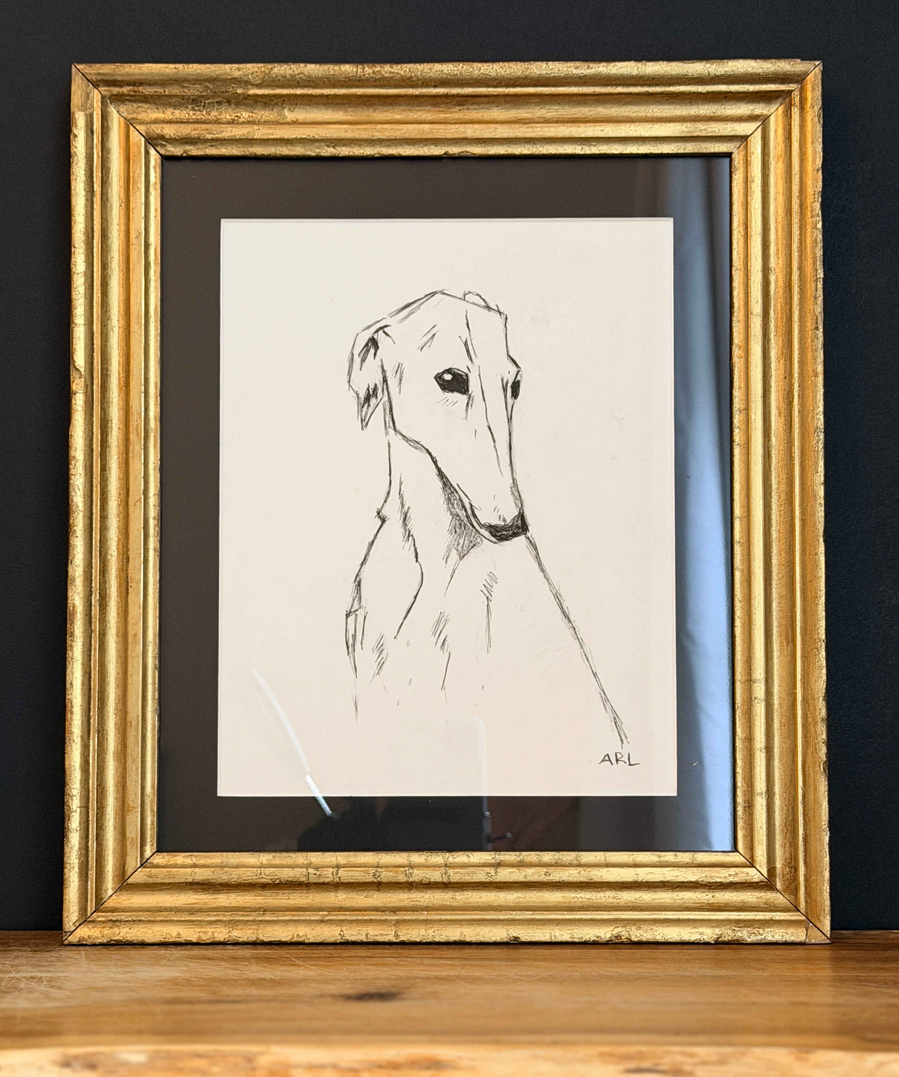 Original India Ink Dog Painting with Gold Frame