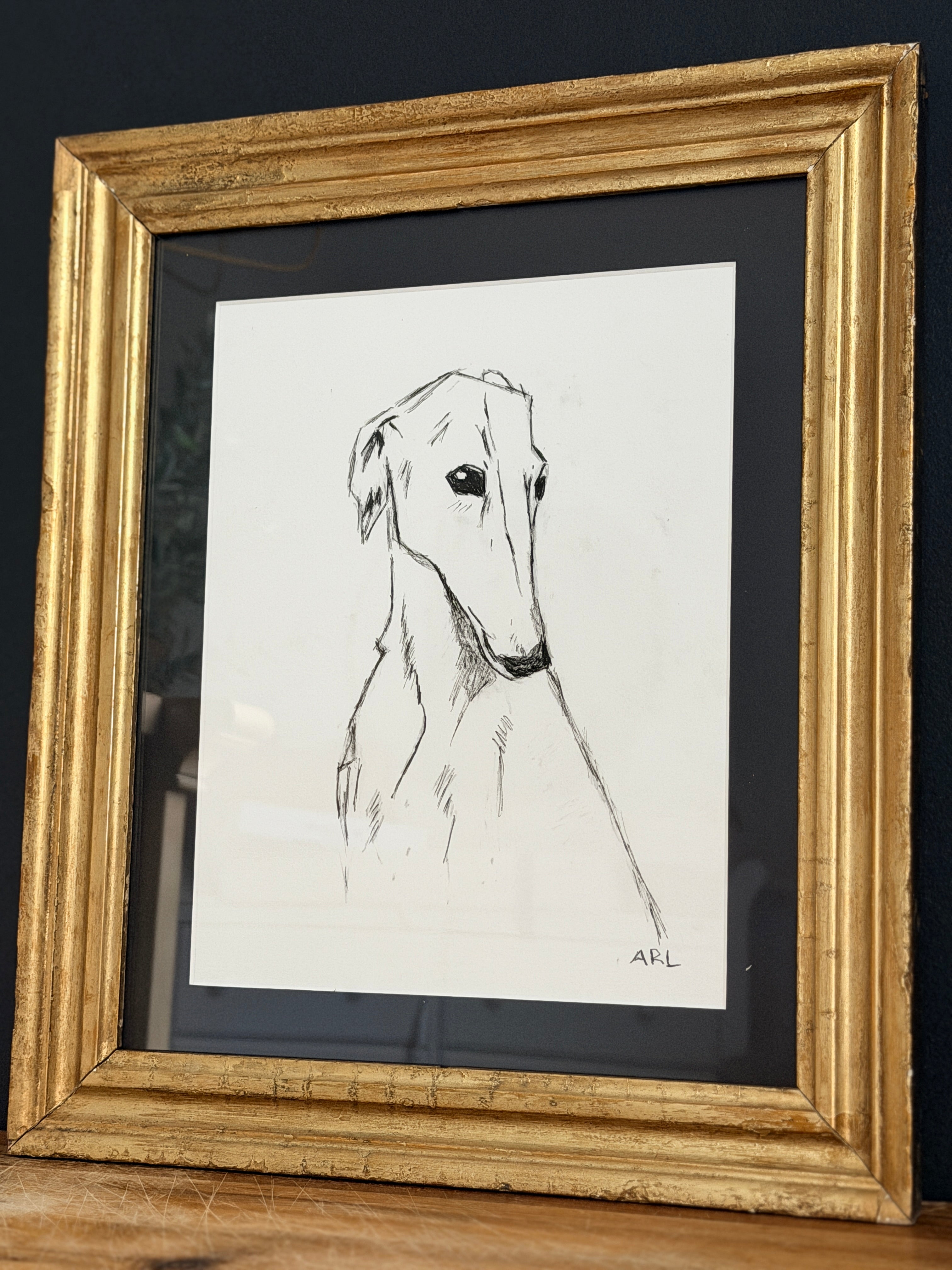 Original India Ink Dog Painting with Gold Frame
