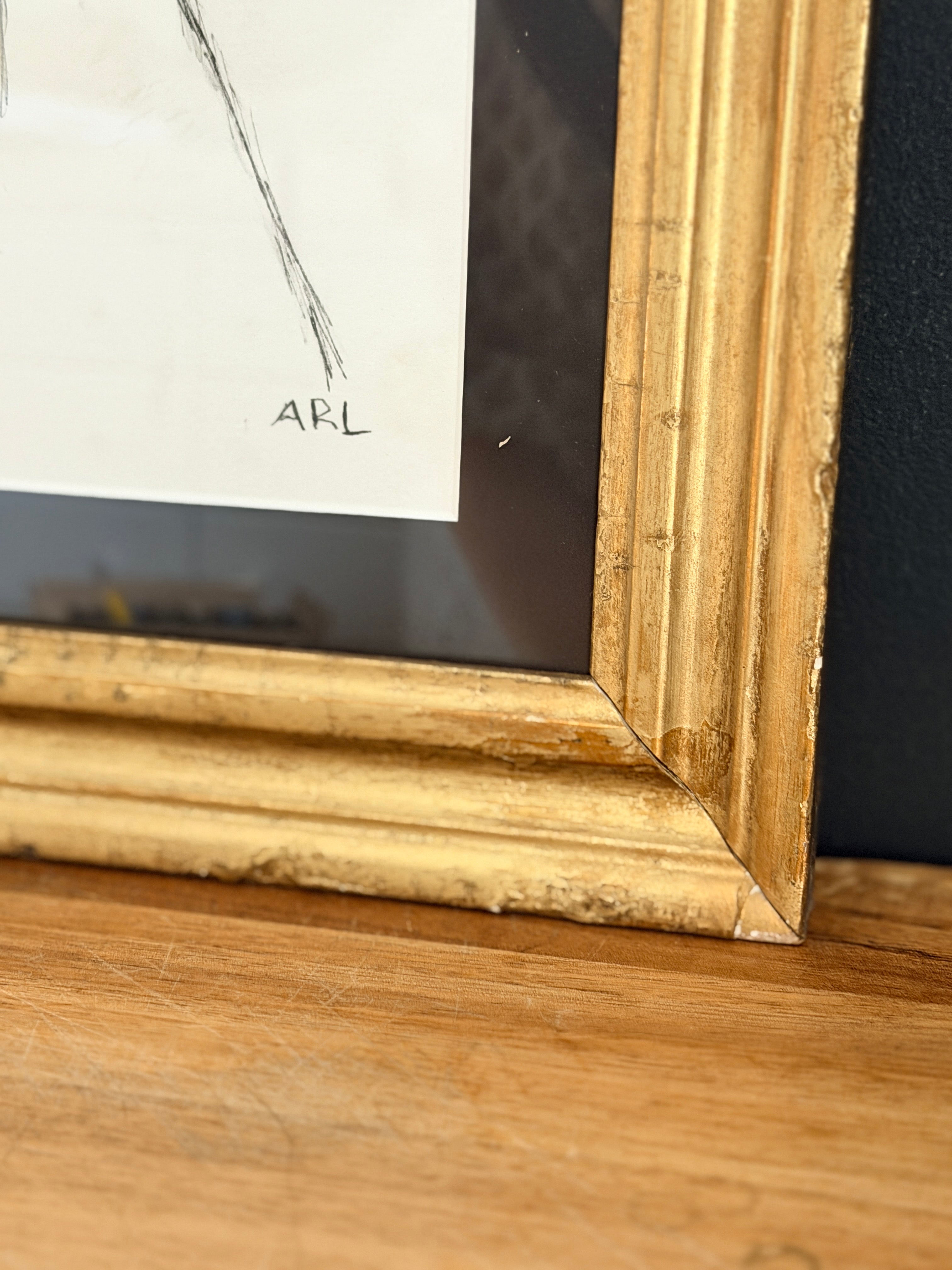 Original India Ink Dog Painting with Gold Frame