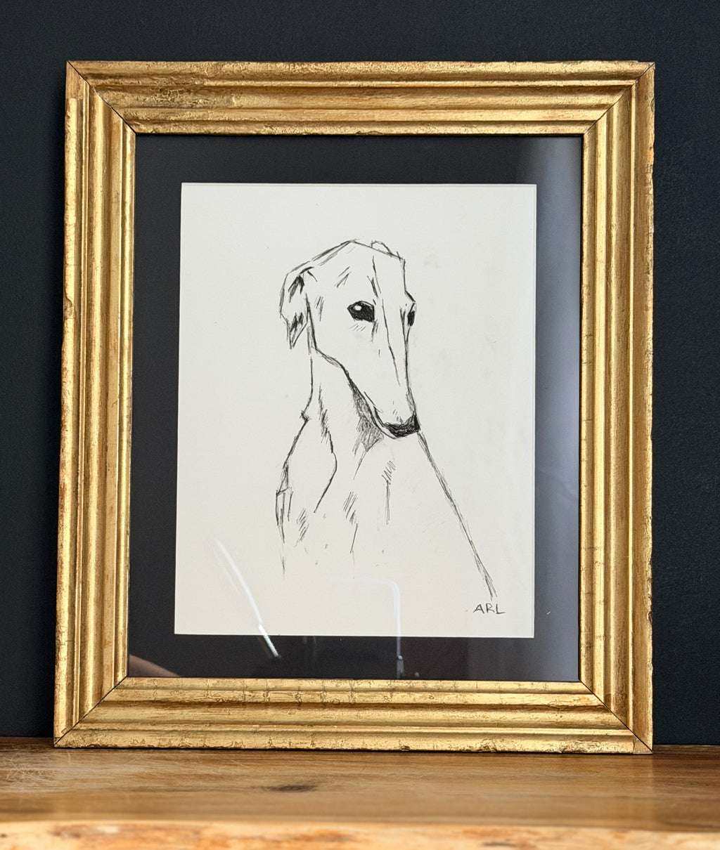 Original India Ink Dog Painting with Gold Frame