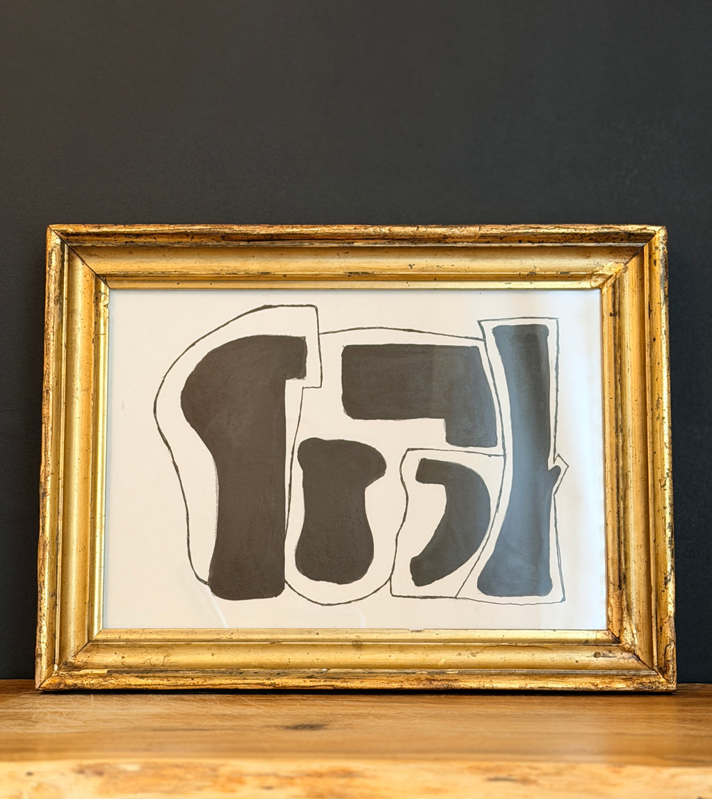 Original India Ink Abstract Painting with Gold Frame