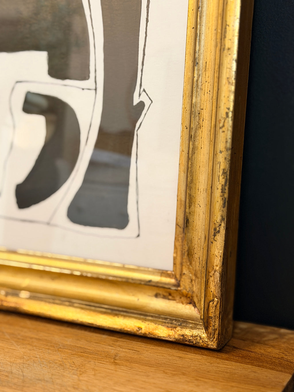 Original India Ink Abstract Painting with Gold Frame