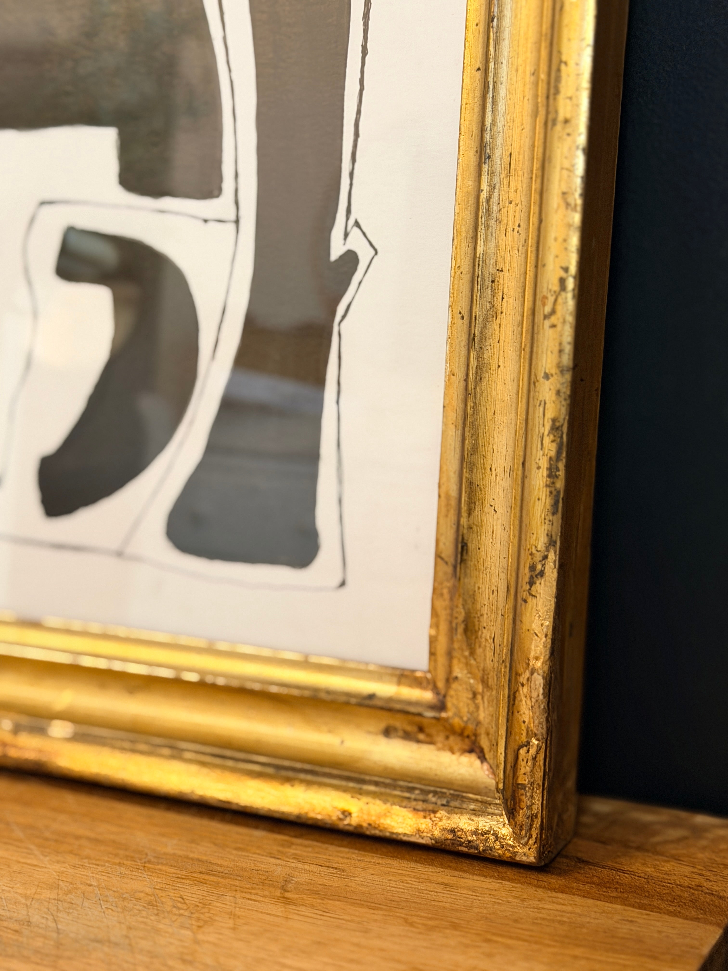 Original India Ink Abstract Painting with Gold Frame