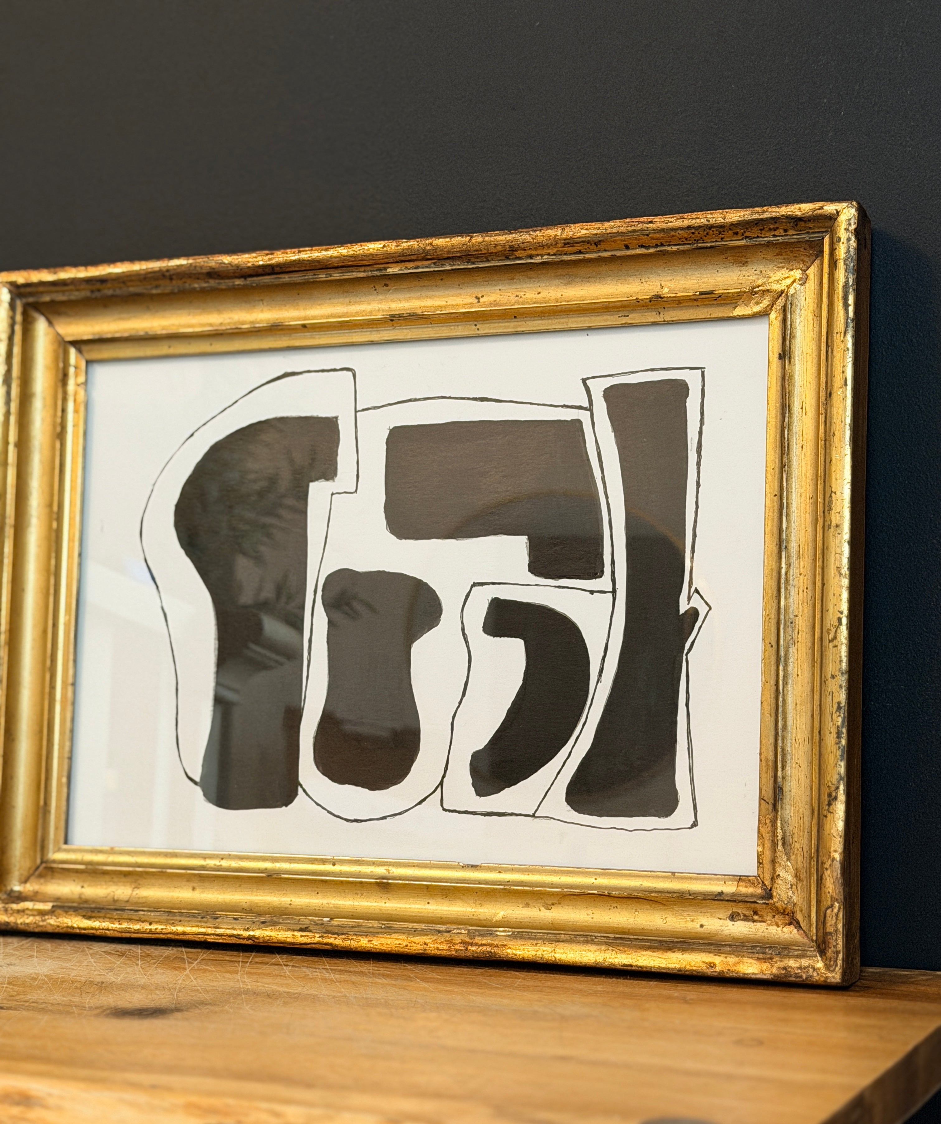 Original India Ink Abstract Painting with Gold Frame